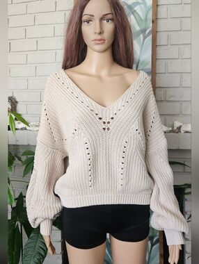 Free People Women's Cream V-Neck Knit Sweater - Cozy Rib & Openwork Detail